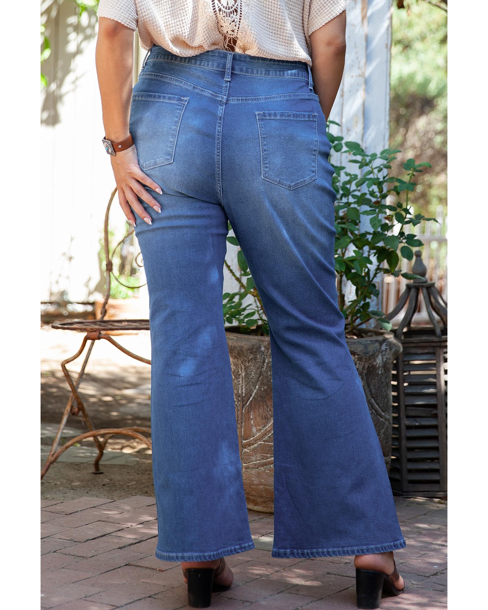 V539-AZEXPL787174-P305-2X-202508301540-00 Blue Plus Size Exposed Seam High Waist Flare Jeans - 2X - Image 1