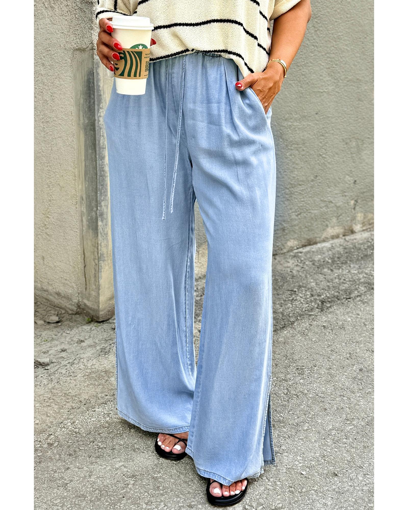 V539-AZEXPL787207-P804-2X-202508301000-00 Beau Blue Casual Wide Slit Leg High Waist Loose Plus Size Jeans - 2X - Image 1