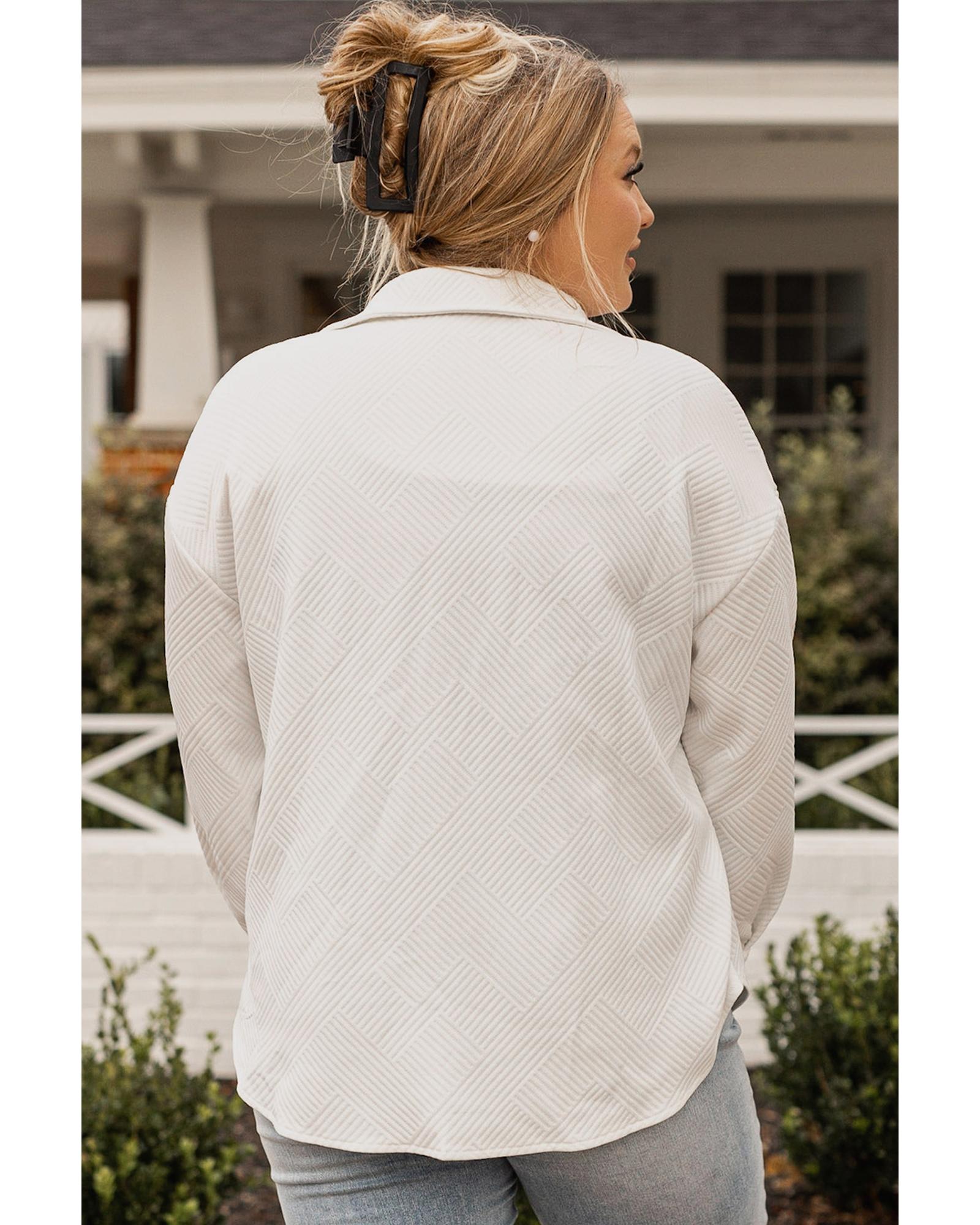 V539-AZEXPL851129-P15-1X-202506191912-00 Beige Plus Size Textured Flap Pockets Jacket - 1X - Image 1