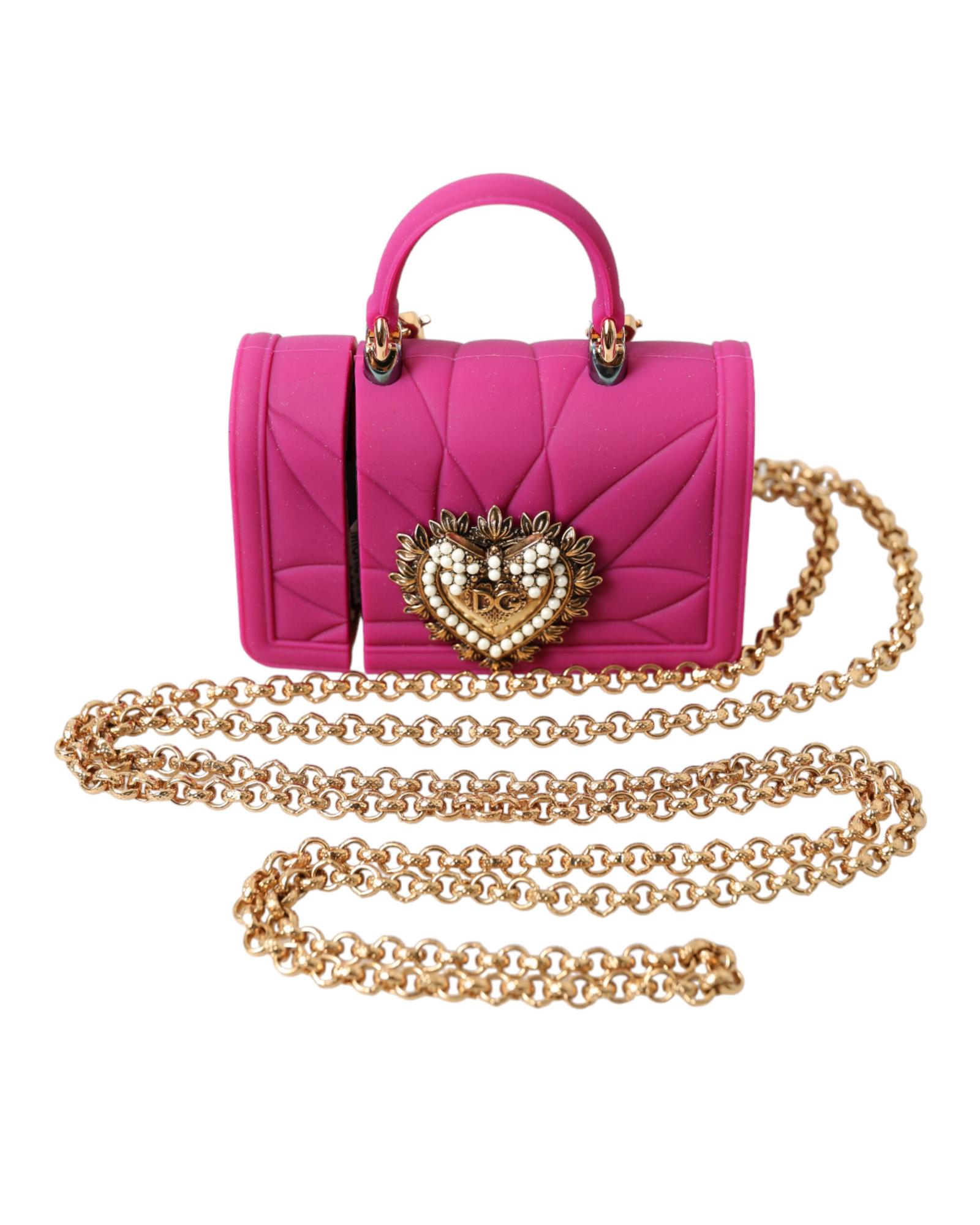 V539-BAG1109-175681-00 Dolce & Gabbana Women's Pink Silicone Devotion Heart Bag Gold Chain Airpods Case - One Size - Image 1