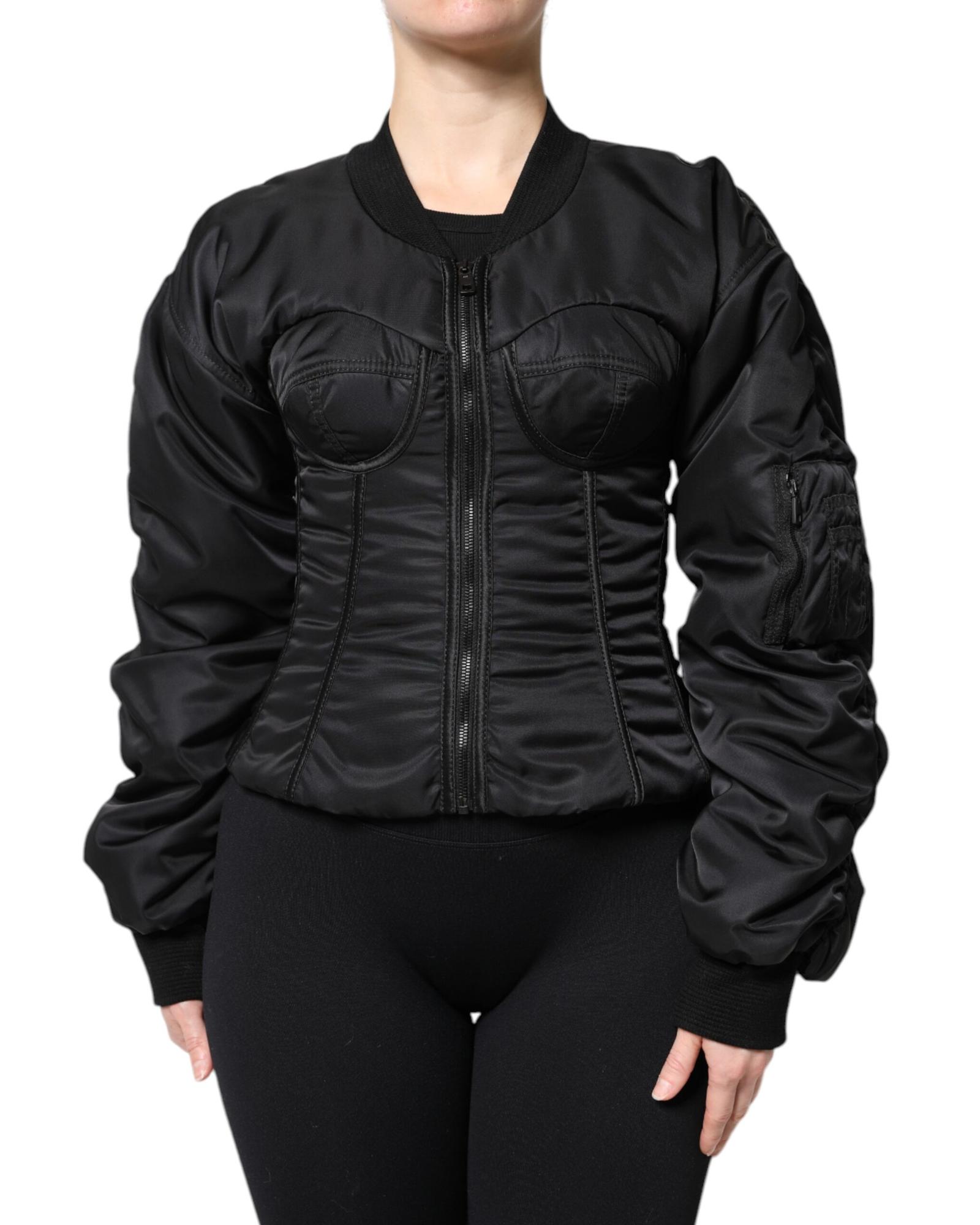 V539-JKT41370-38-202506170710-00 Dolce & Gabbana Women's Black Nylon Full Zip Bustier Corset Jacket - 38 IT - Image 1