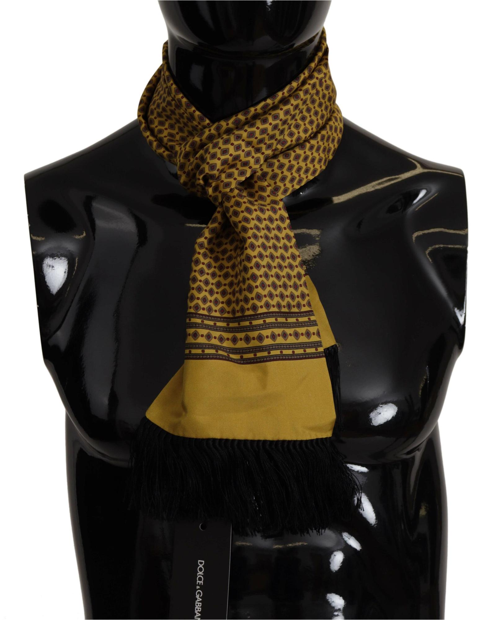 V539-MS6524-202506170947-00 Dolce & Gabbana Men's Yellow Patterned Silk Neck Wrap Fringe Scarf - One Size - Image 1