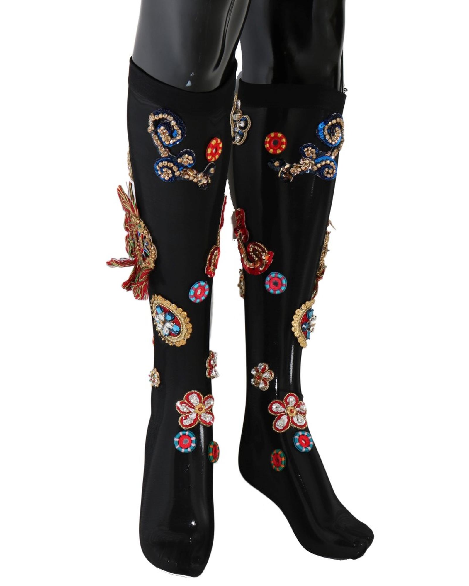 V539-SCS60-1-202509010710-00 Dolce & Gabbana Black Sequined Crystal Stockings S Women - Image 1