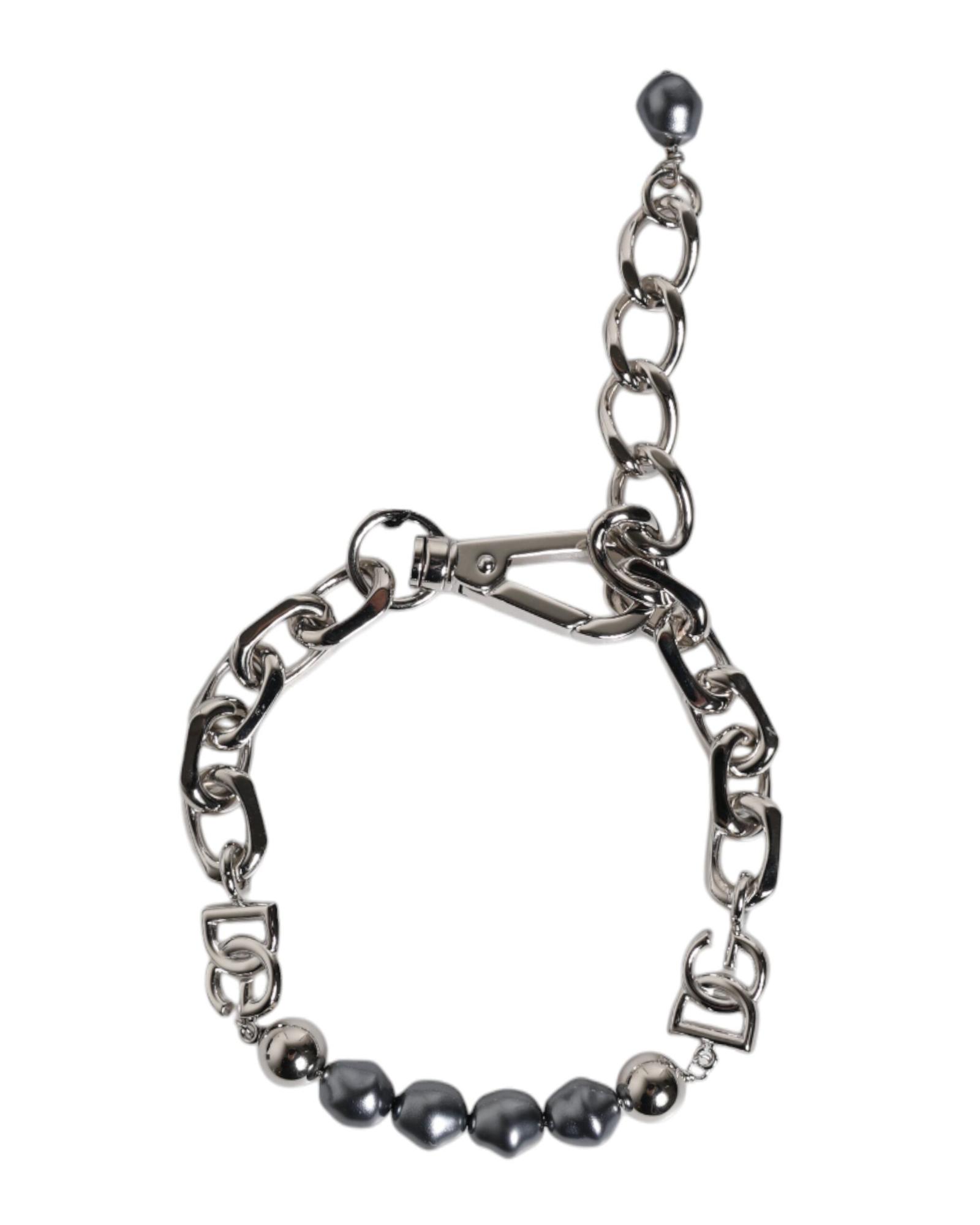 V539-SMY10436-202506180622-00 Dolce & Gabbana Men's Silver Tone Chain Lobster Clasp Logo Gray Pearls Bracelet - One Size - Image 1