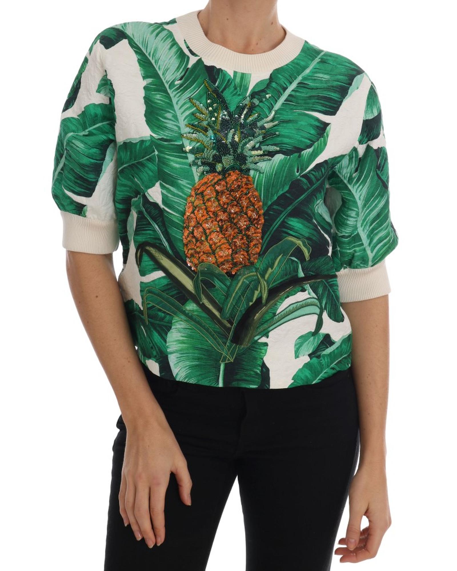 V539-TSH1752-3-202509010630-00 DOLCE & GABBANA Enchanted Sicily Short Sleeve Sweater with Sequined Pineapple Embroidery 40 IT Women - Image 1