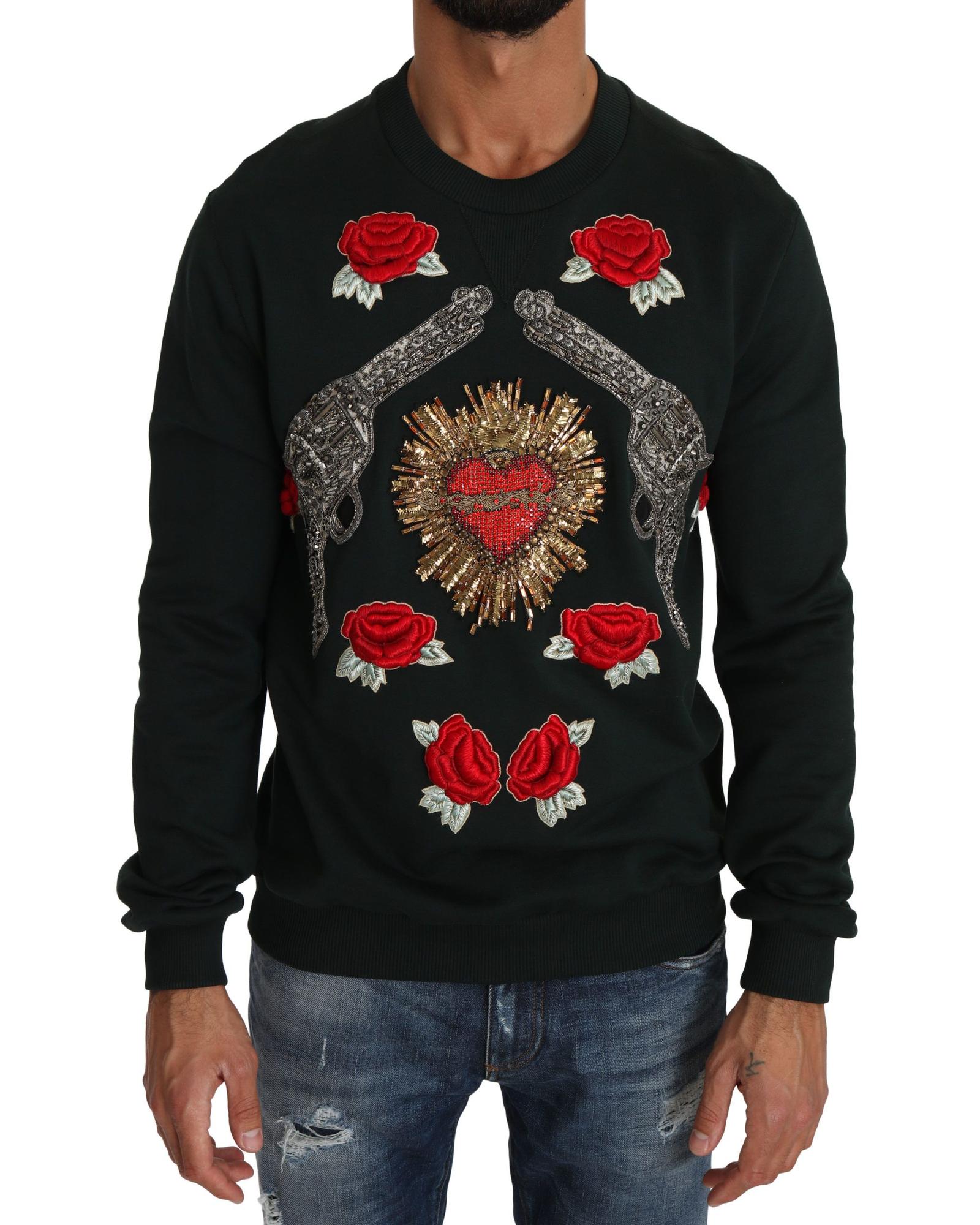 V539-TSH2519-52-202508311725-00 Dolce & Gabbana Green Cotton Crystal Heart Roses Embroidered Pullover Sweater 52 IT Men - Image 1