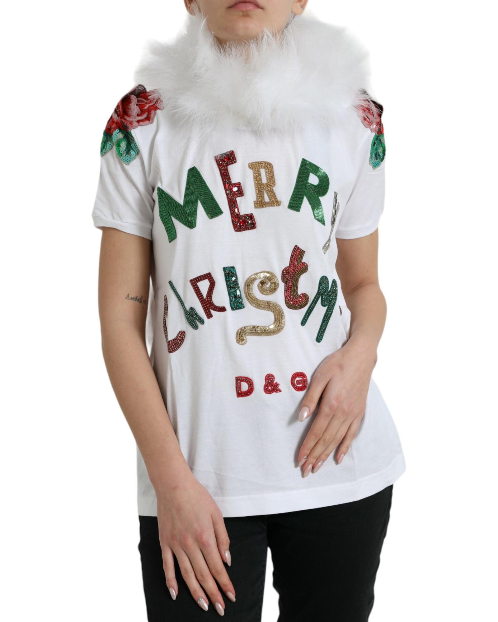 V539-TSH84529-38-169637-00 Dolce & Gabbana Women's White Cotton Christmas Sequin Fur T-shirt - 38 IT - Image 1