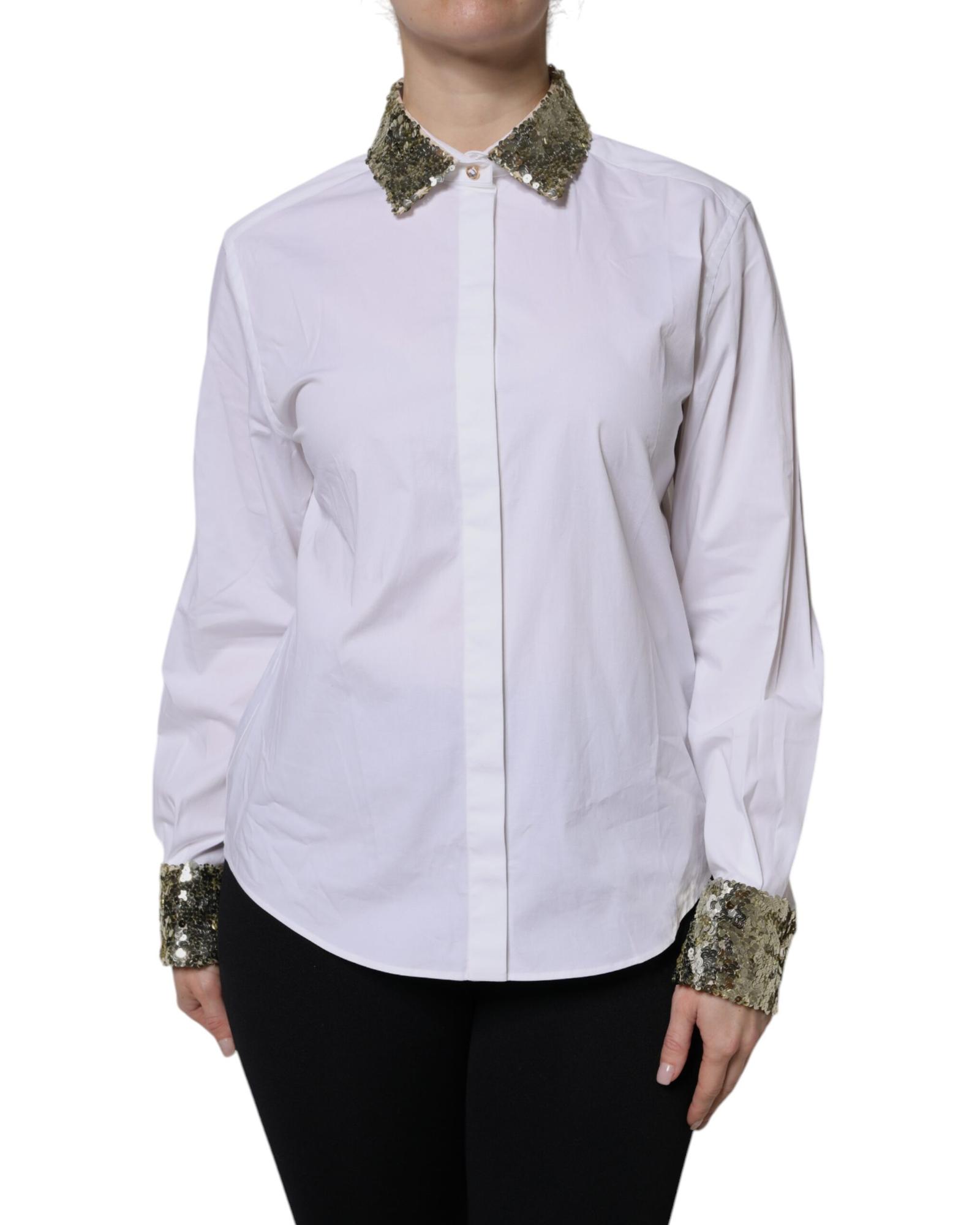 V539-TSH90088-38-202506181220-00 Dolce & Gabbana Women's White Cotton Long Sleeves Sequin Shirt Top - 38 IT - Image 1