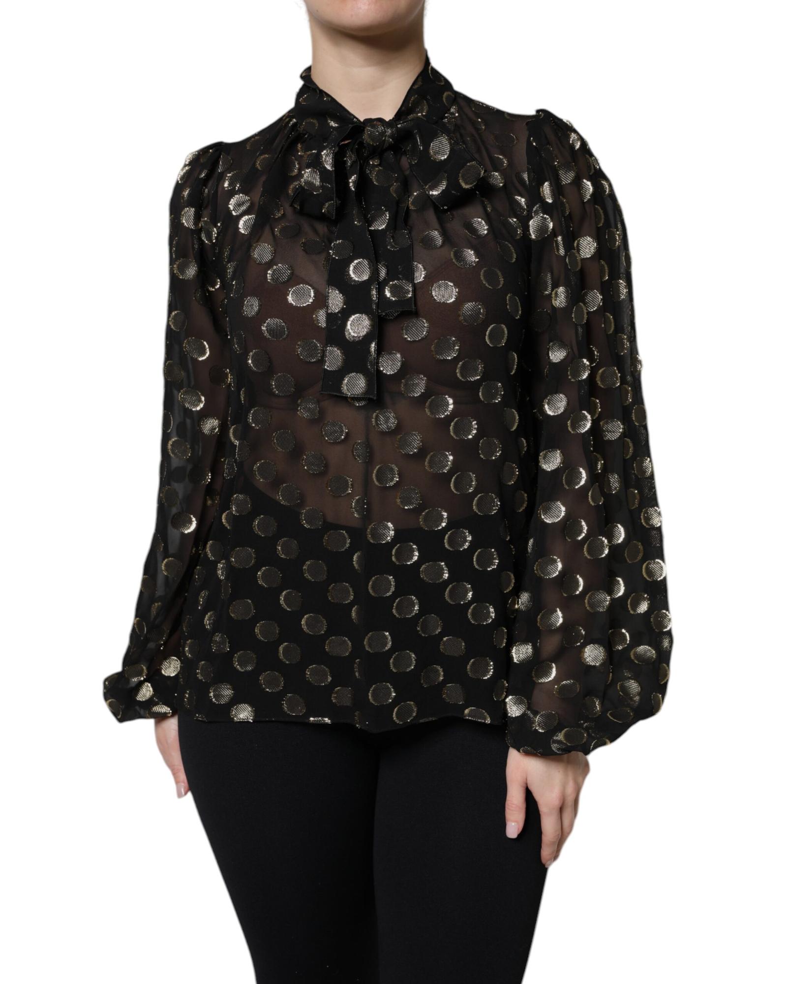 V539-TSH90241-44-202506181222-00 Dolce & Gabbana Women's Black Sheer Tied Neck Polka Dots Blouse Top - 44 IT - Image 1