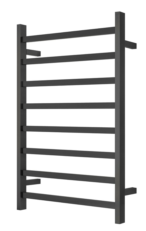 V549-10062SQUAREHEATBLACK-109674-00 Premium Matte Black Heated Towel Rack - 8 Bars, Square Design, AU Standard, 1000x620mm Wide - Image 1