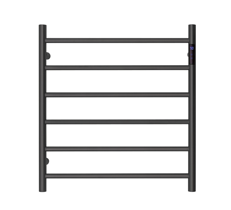 V549-6562ROUNDLEDBLACK-109770-00 Premium Matte Black Heated Towel Rack with LED control- 6 Bars, Round Design, AU Standard, 650x620mm Wide - Image 1