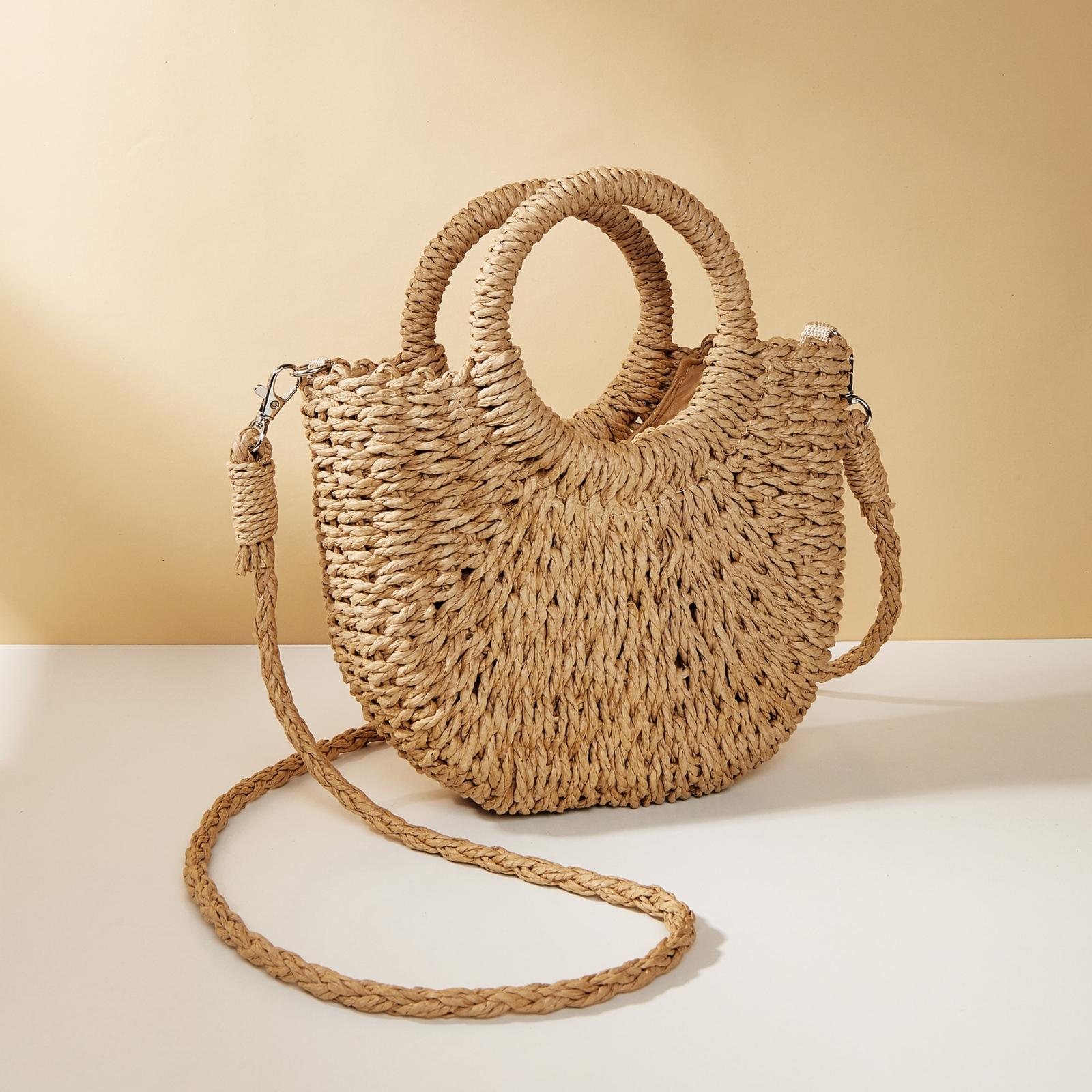V562-1010154060DBT-202505191641-00 Beige Half Moon Straw Tote Woven Beach Bag - Camel - Image 1