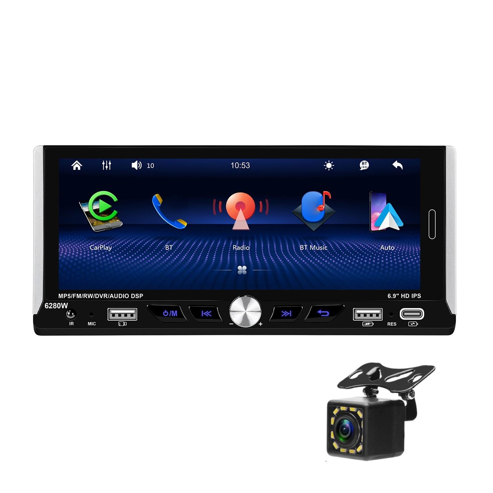 V562-2061764060DBT-202505221327-00 6.9 Inch Car Mp5 Player With Carplay Function & Backup Camera - Standard + 12 Light Camera - Image 1