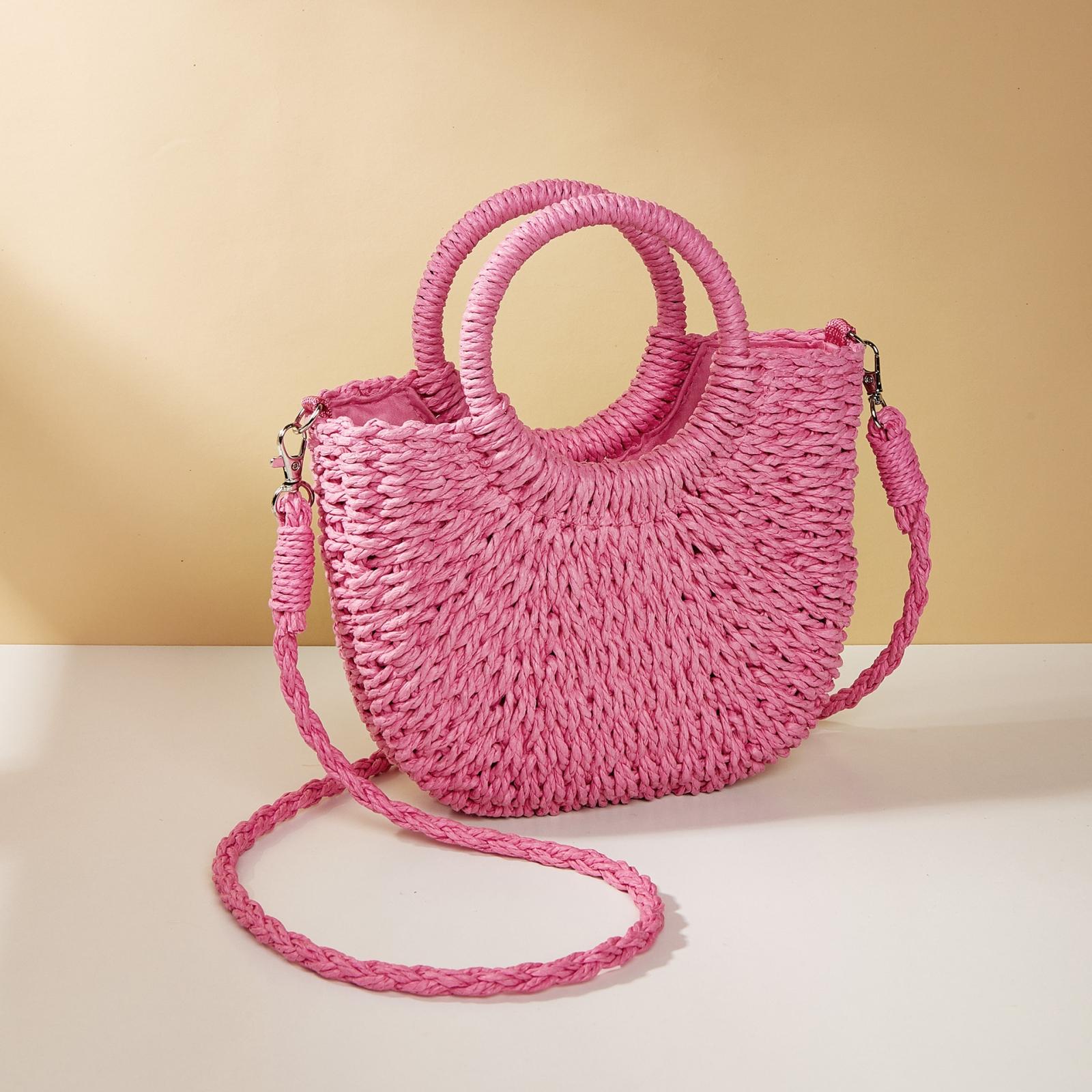 V562-3010154060DBT-202505191642-00 Beige Half Moon Straw Tote Woven Beach Bag - Rose Red - Image 1