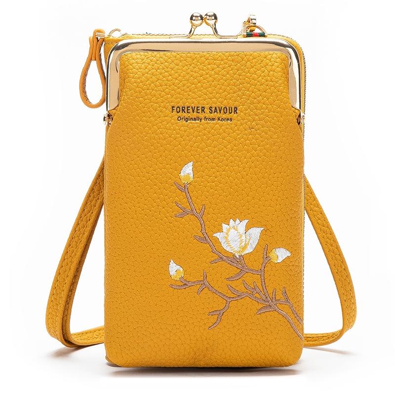 V562-3010934060DBT-202505191435-00 Black Embroidered Single Shoulder Phone Bag Wallet - Yellow - Image 1