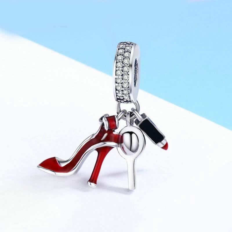 V562-41676240DBT-202504112010-00 925 Sterling Silver Red Lipstick High Heels Makeup Mirror Charm - Image 1