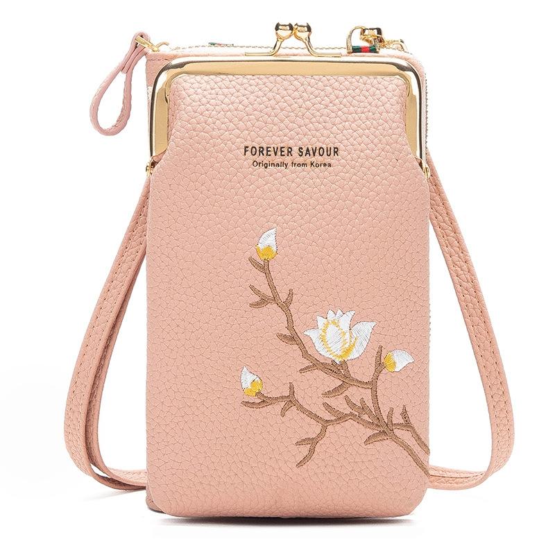 V562-6010934060DBT-202505191435-00 Black Embroidered Single Shoulder Phone Bag Wallet - Pink - Image 1