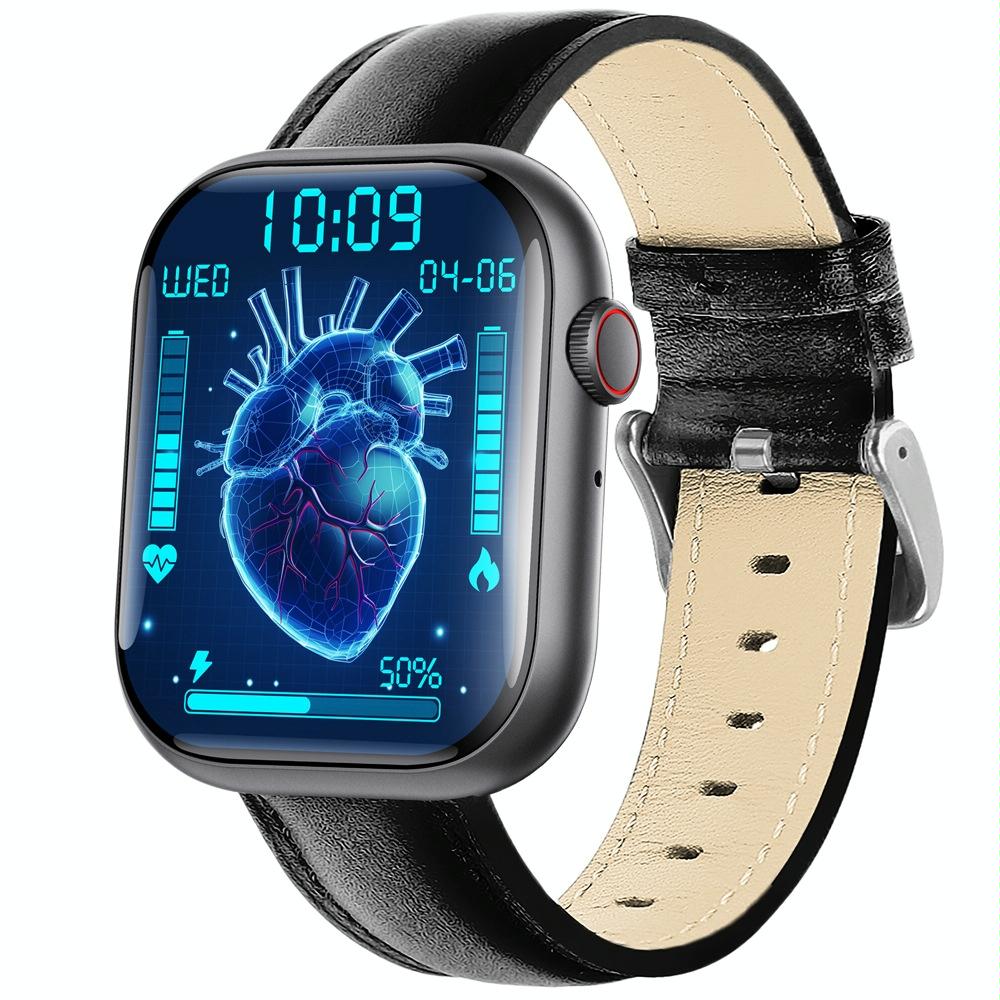 V562-6063305060DBT-202504252007-00 2.1 Inch Screen Smart Watch With Blood Sugar / Blood Oxygen Monitoring / Sos Alarm / 100+ Sports Modes - Black 3-Bead Steel - Black Leather - Image 1