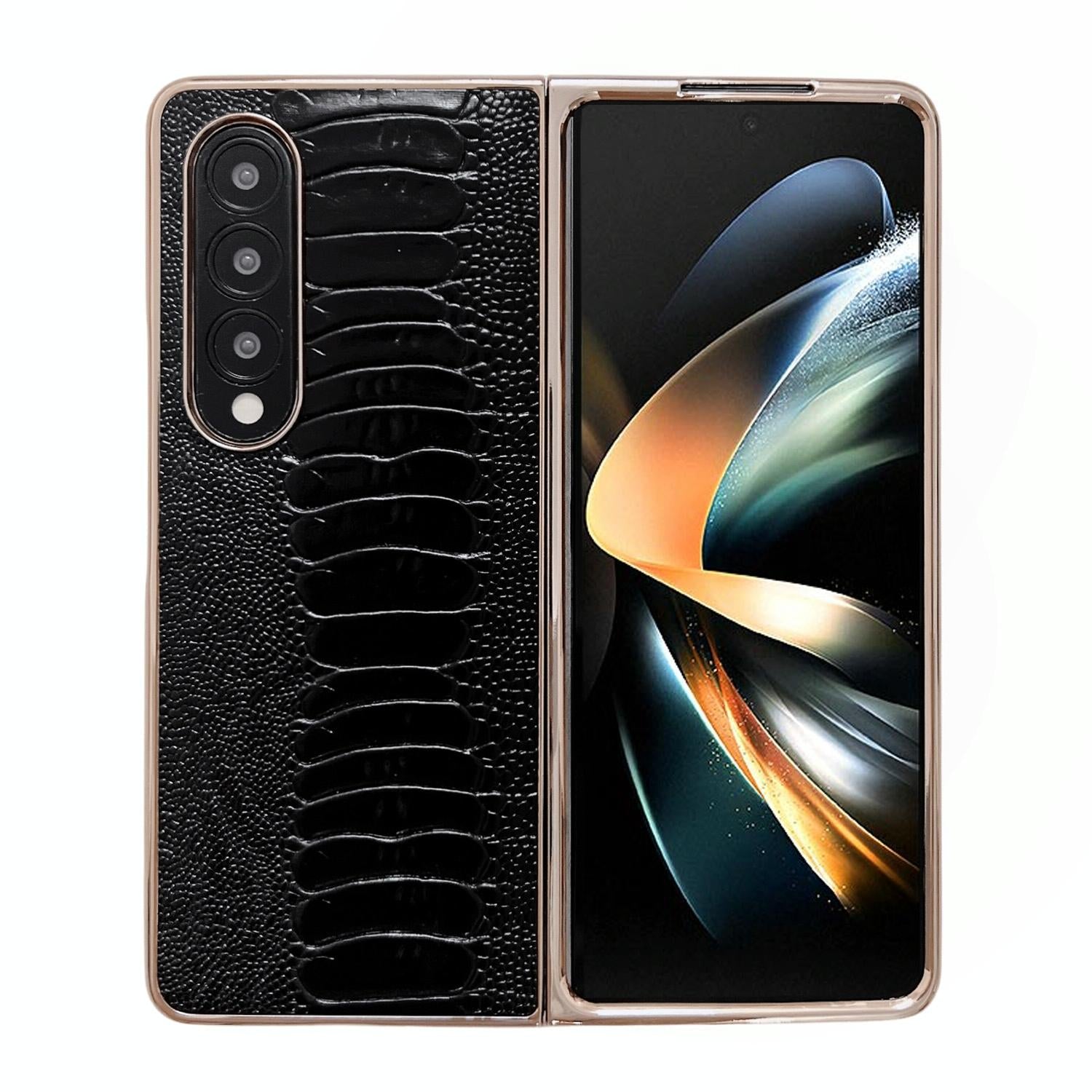 V562-A101086300ADE-202505221942-00 For Samsung Galaxy Z Fold4 5G Genuine Leather Nano Plating Phone Case - Black - Image 1