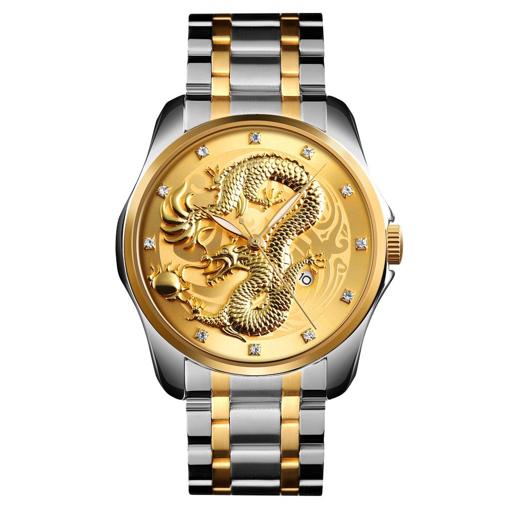 V562-A101139100ADE-202504171917-00 Men Golden Dragon Calendar Dial Quartz Watch with Luminous Hands - Silver Gold - Image 1