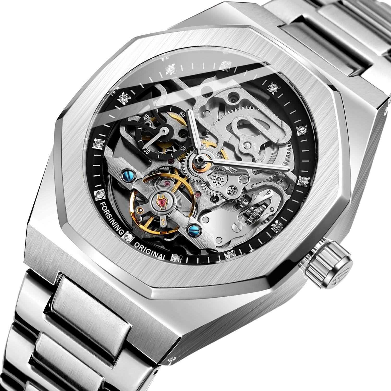 V562-A1012923060DBT-202504181115-00 Men Automatic Mechanical Watch with Luminous Dial and Steel Band - Silver Belt Black Face - Image 1
