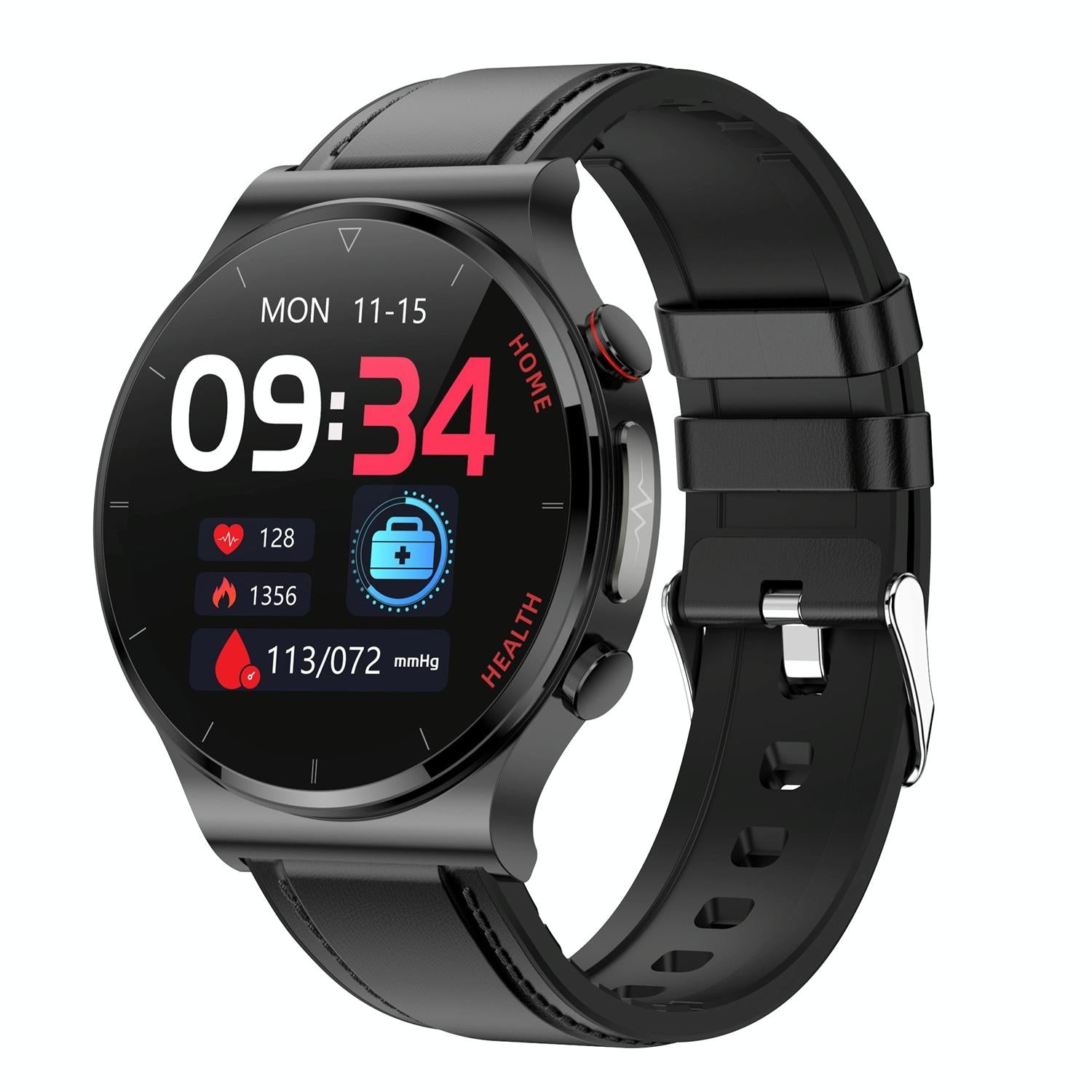V562-A101592300ADE-202504252113-00 1.32 Inch Screen Leather Watch Strap Smart Health Watch Supports Body Temperature Monitoring Ecg Monitoring Blood Pressure - Black - Image 1
