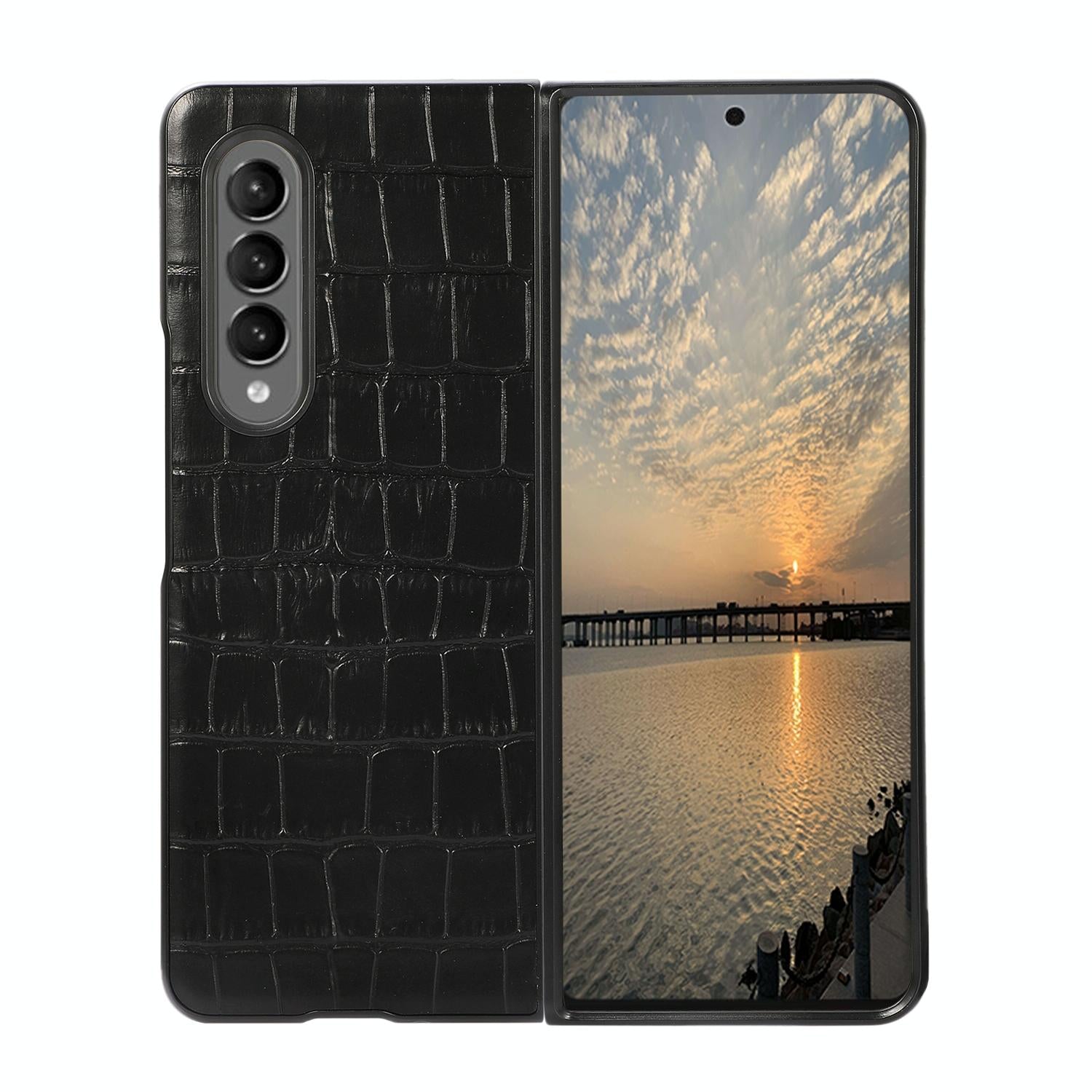 V562-A102470300ADE-202505221921-00 For Samsung Galaxy Z Fold4 5G Genuine Leather Crocodile Texture Phone Case - Black - Image 1