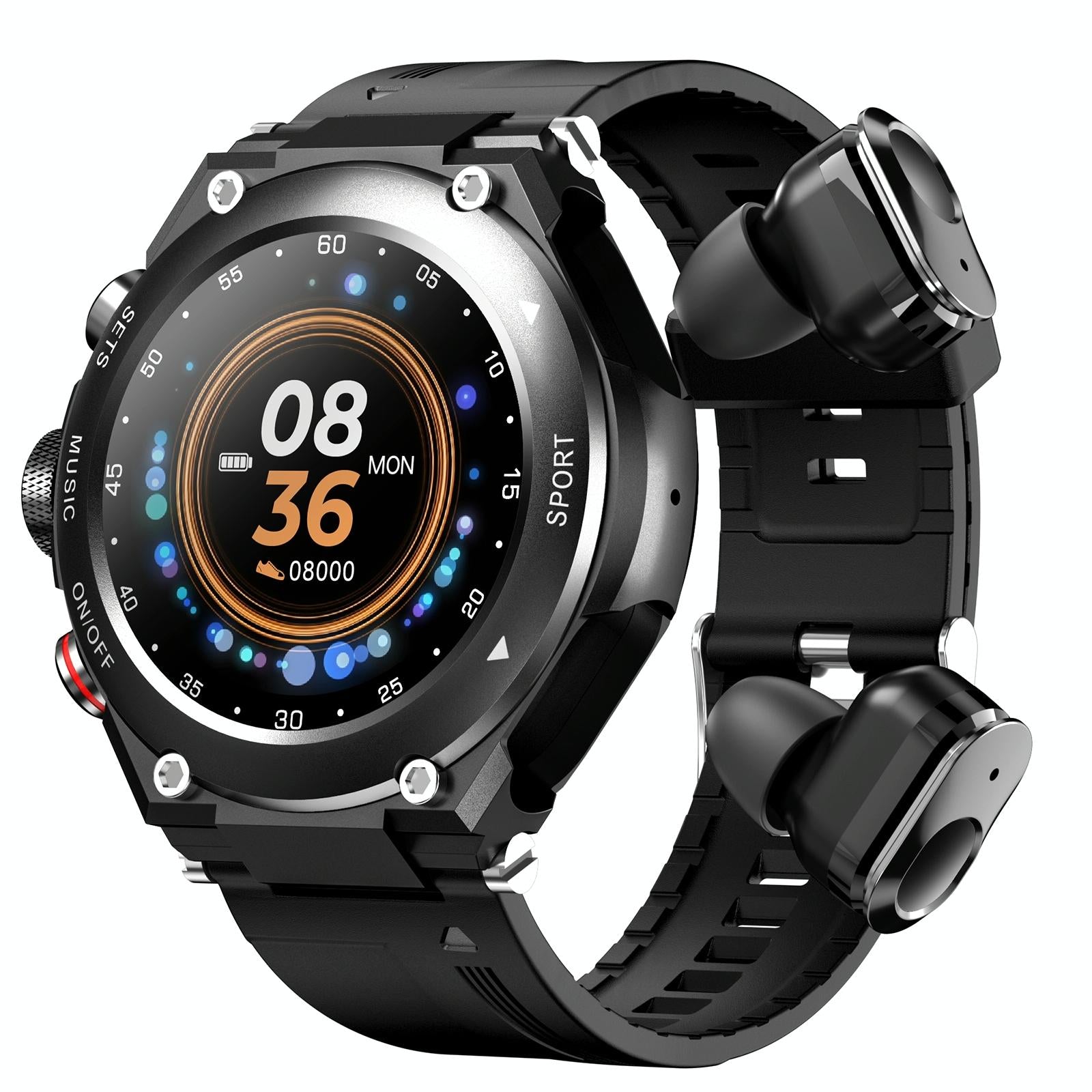 V562-A103148300ADE-202504252026-00 1.28 Inch Ips Touch Screen 2 In 1 Bluetooth Headset Smart Watch Support Heart Rate Monitoring / Bluetooth Music - Black - Image 1