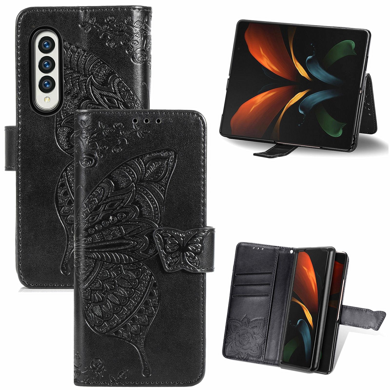 V562-A104859100AYS-202503211331-00 For Samsung Galaxy Z Fold4 5G Embossed Butterfly Love Leather Case - Flower Design - Black - Image 1