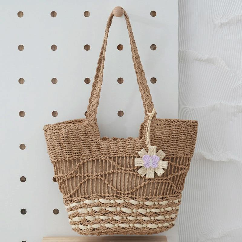 V562-A1056674060DBT-202504251732-00 Large Capacity Straw Tote Bag with Hollow Wave Design and Lining - Light Brown - Image 1