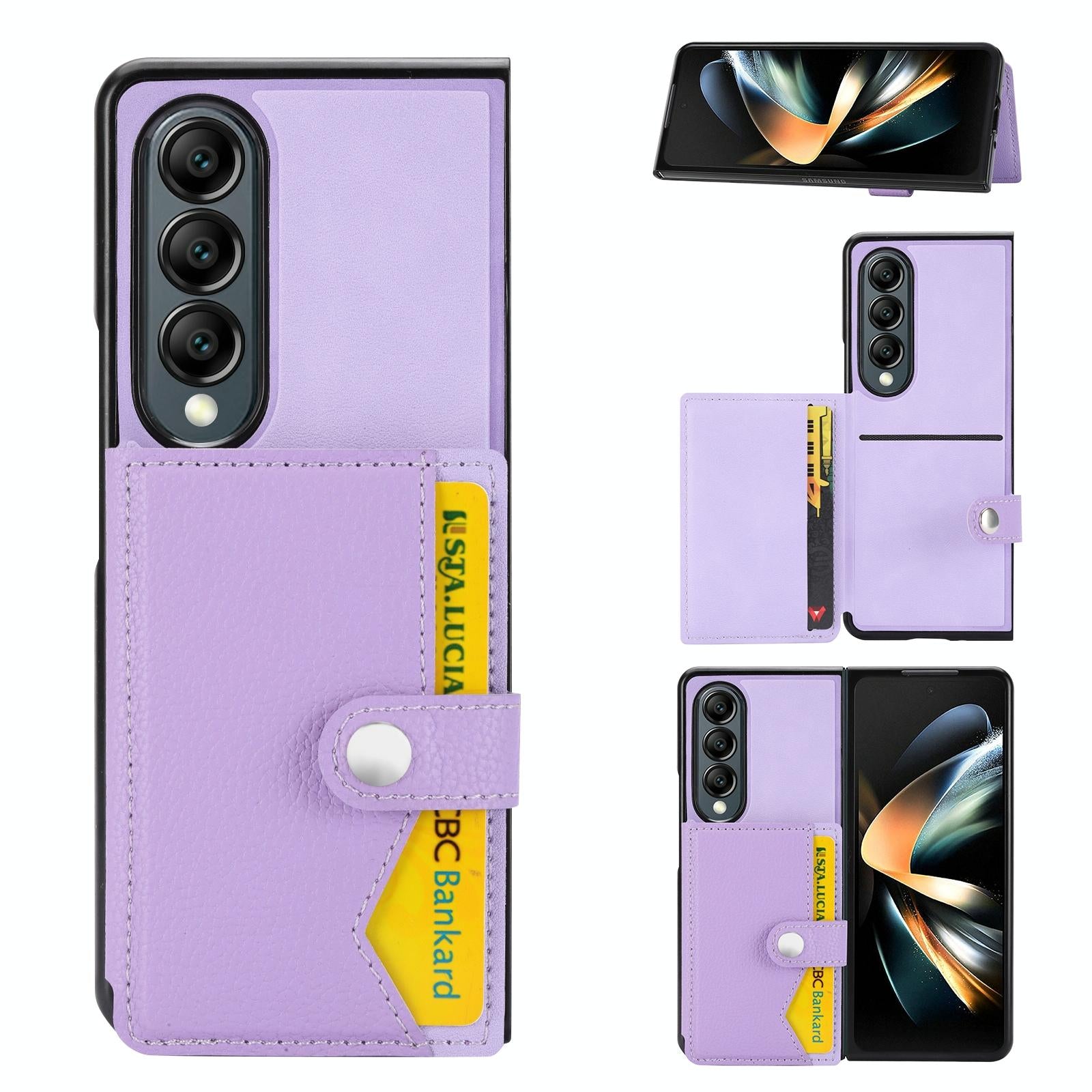 V562-A201788500ADE-202504221114-00 For Samsung Galaxy Z Fold4 5G Samsung Galaxy Z Fold4 Litchi Pattern Single Button Card Holder Phone Case - Light Purple - Image 1