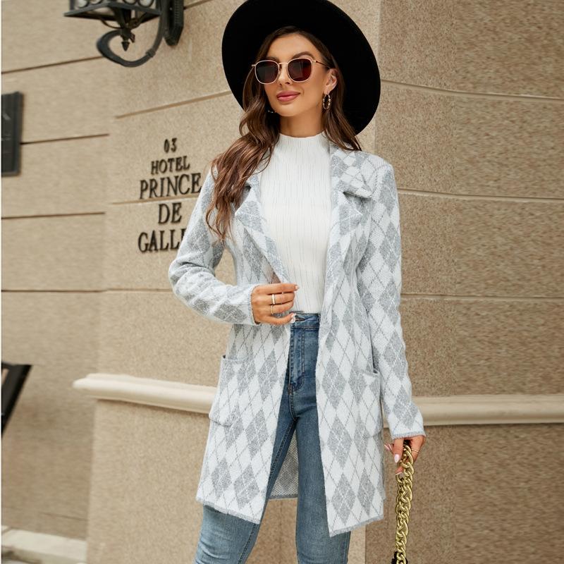 V562-A2025913060DBT-202505262022-00 Autumn And Winter Long Sweater Collision Colour Knitted Cardigan Trench Coat - Light Grey - M - Image 1