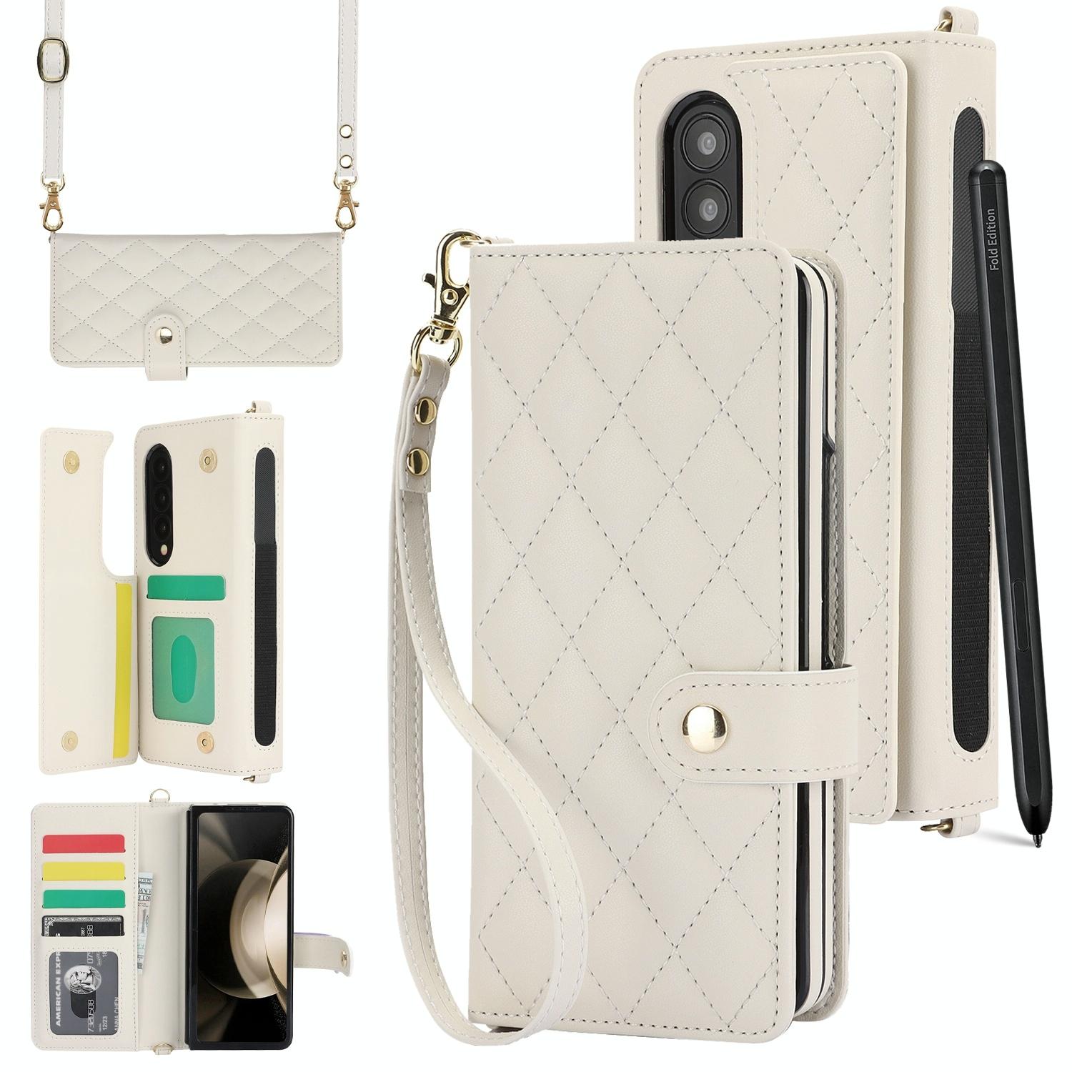 V562-A205225600ADE-202504292048-00 For Samsung Galaxy z Fold4 5G Multifunctional Rhombic Leather Crossbody Phone Case - White - Image 1
