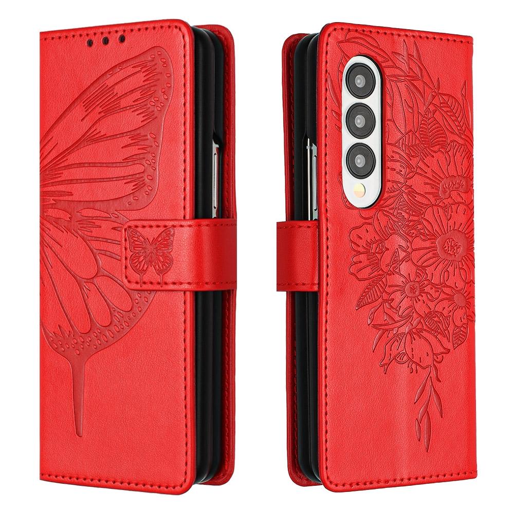 V562-A208387300ADE-227088-00 For Samsung Galaxy z Fold4 5G Butterfly Embossed Leather Phone Case - Red - Image 1