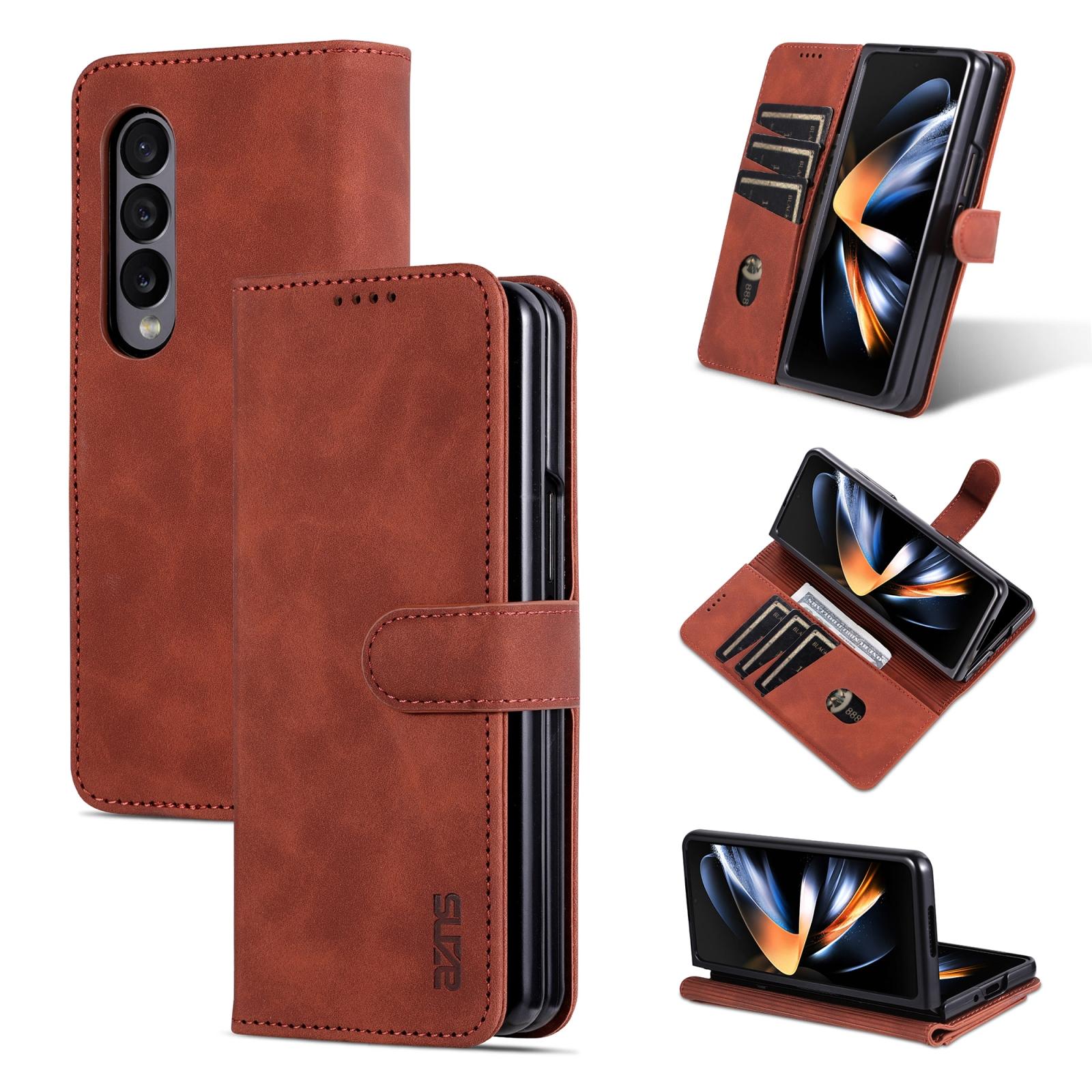V562-A605186500ADE-202505221927-00 For Samsung Galaxy Z Fold4 5G Leather Phone Case - Smooth Calf Texture - Brown - Image 1