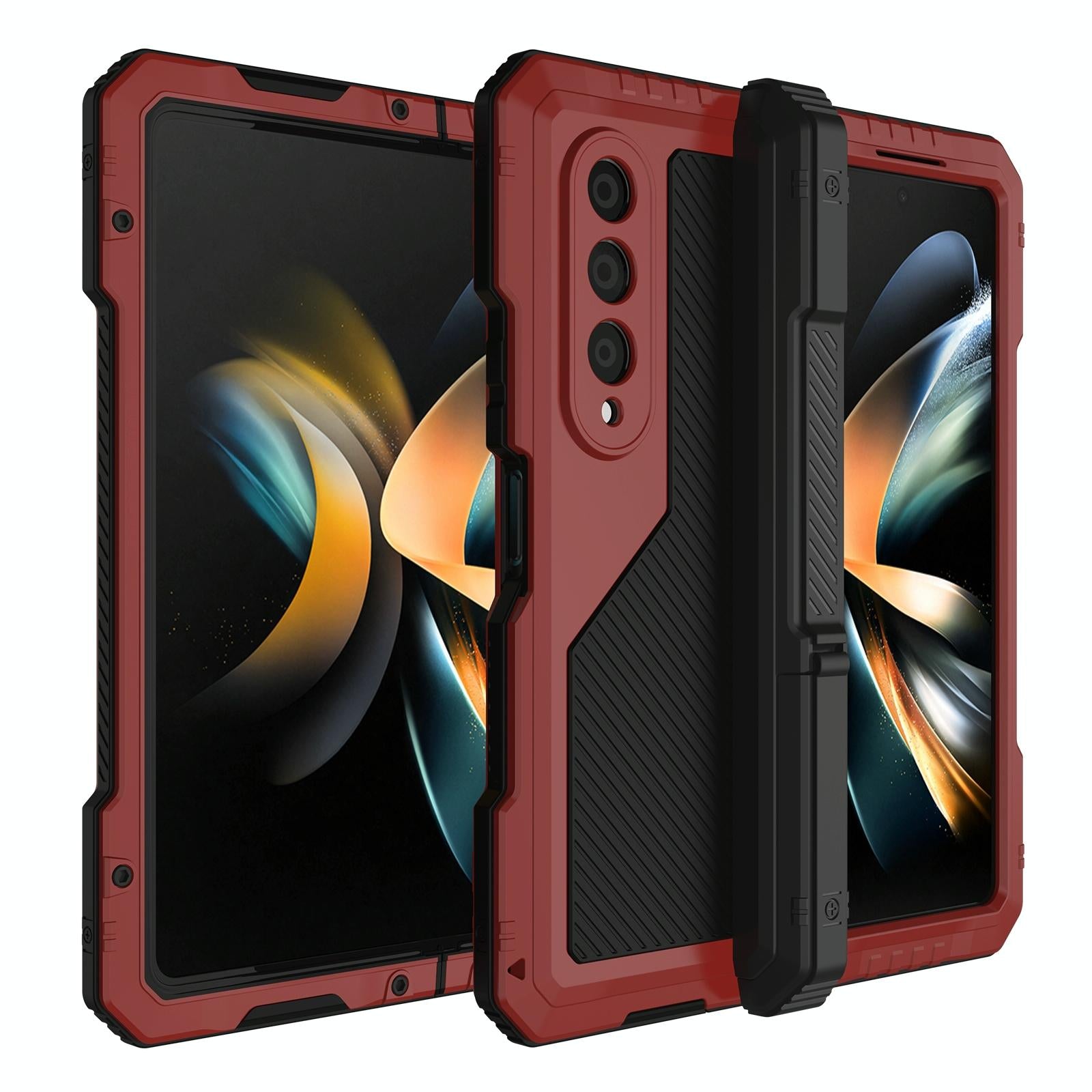 V562-B100260500ADE-202503211430-00 For Samsung Galaxy Z Fold4 5G Waterproof Metal Phone Case With Folding Holder - Red - Image 1