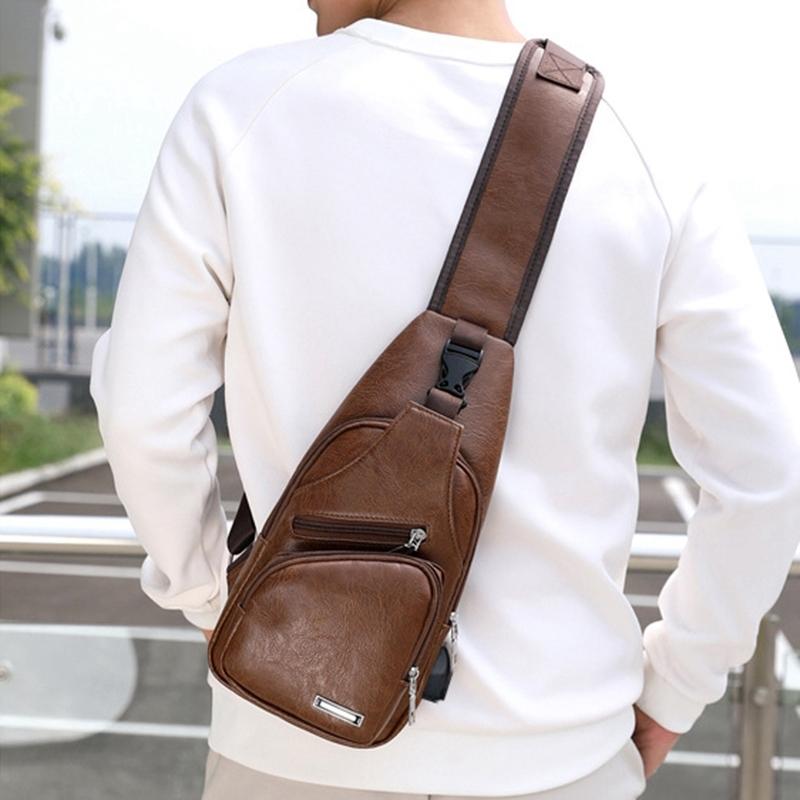 V562-B100725150DBT-202504251741-00 Waterproof Pu Leather Men Chest Bag Usb Port Headphone Hole - Light Brown - Image 1