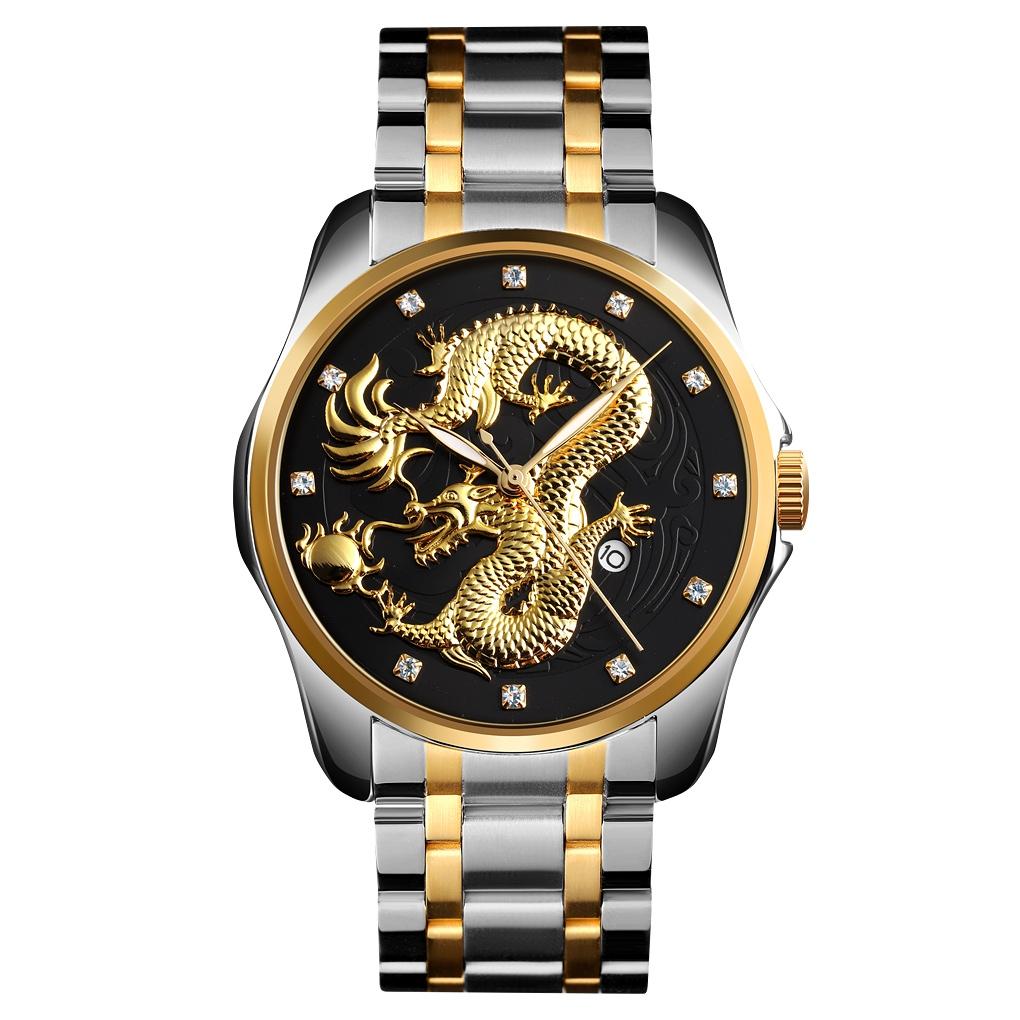 V562-B101139100ADE-202504171916-00 Men Golden Dragon Calendar Dial Quartz Watch with Luminous Hands - Silver Black - Image 1