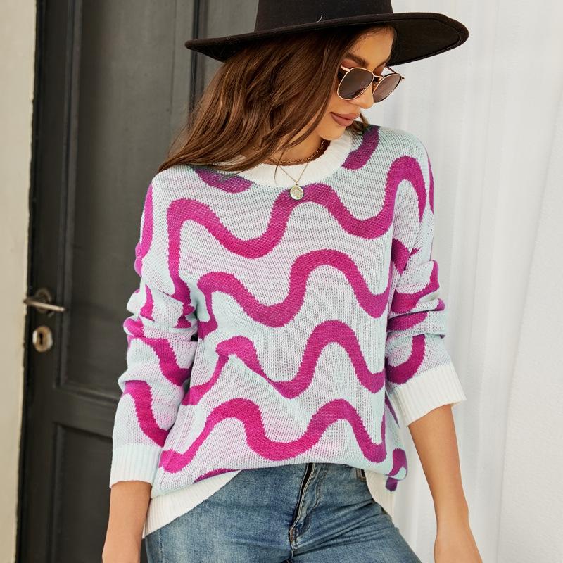V562-B1018123060DBT-202505261926-00 Women Casual Pullover Sweater Round Neck Wave Pattern Collision Colour Knitted Sweater - Size S Black - Pink - Image 1