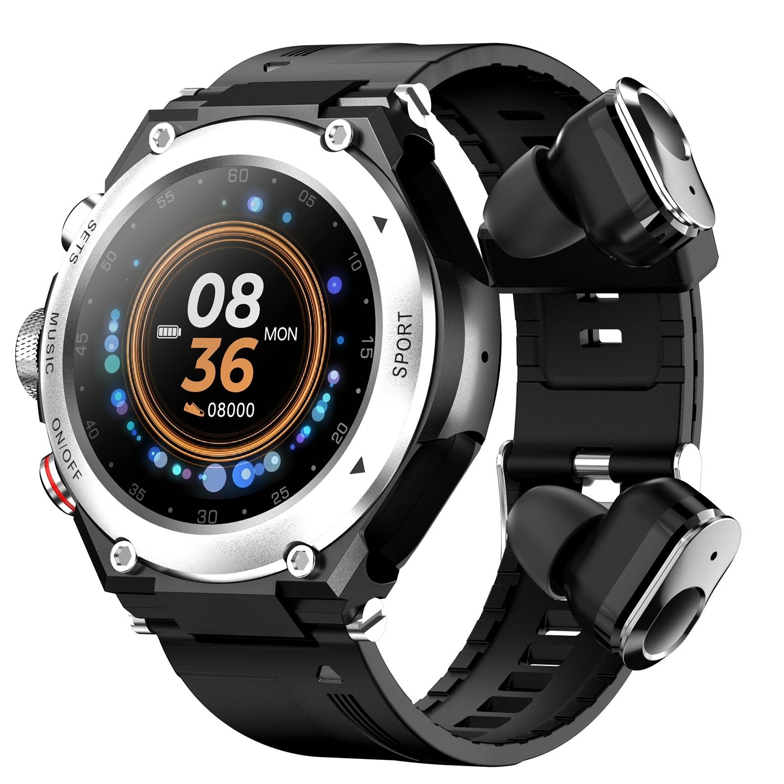 V562-B103148300ADE-202504252026-00 1.28 Inch Ips Touch Screen 2 In 1 Bluetooth Headset Smart Watch Support Heart Rate Monitoring / Bluetooth Music - Silver - Image 1