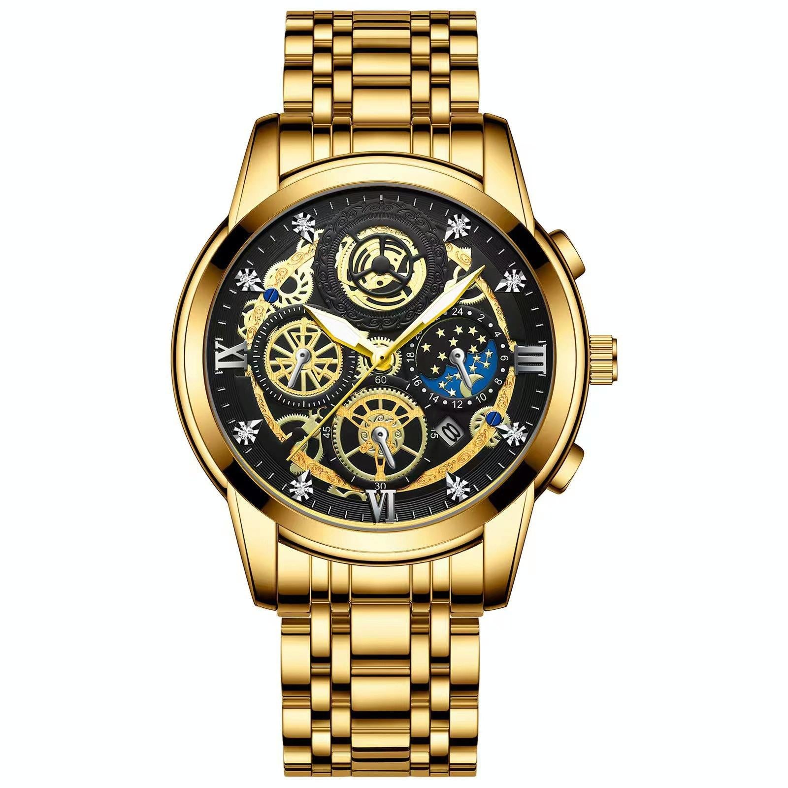 V562-B1076043060DBT-202504161905-00 Waterproof Luminous Quartz Watch with Multifunctional Design - Full Gold Black Surface - Image 1