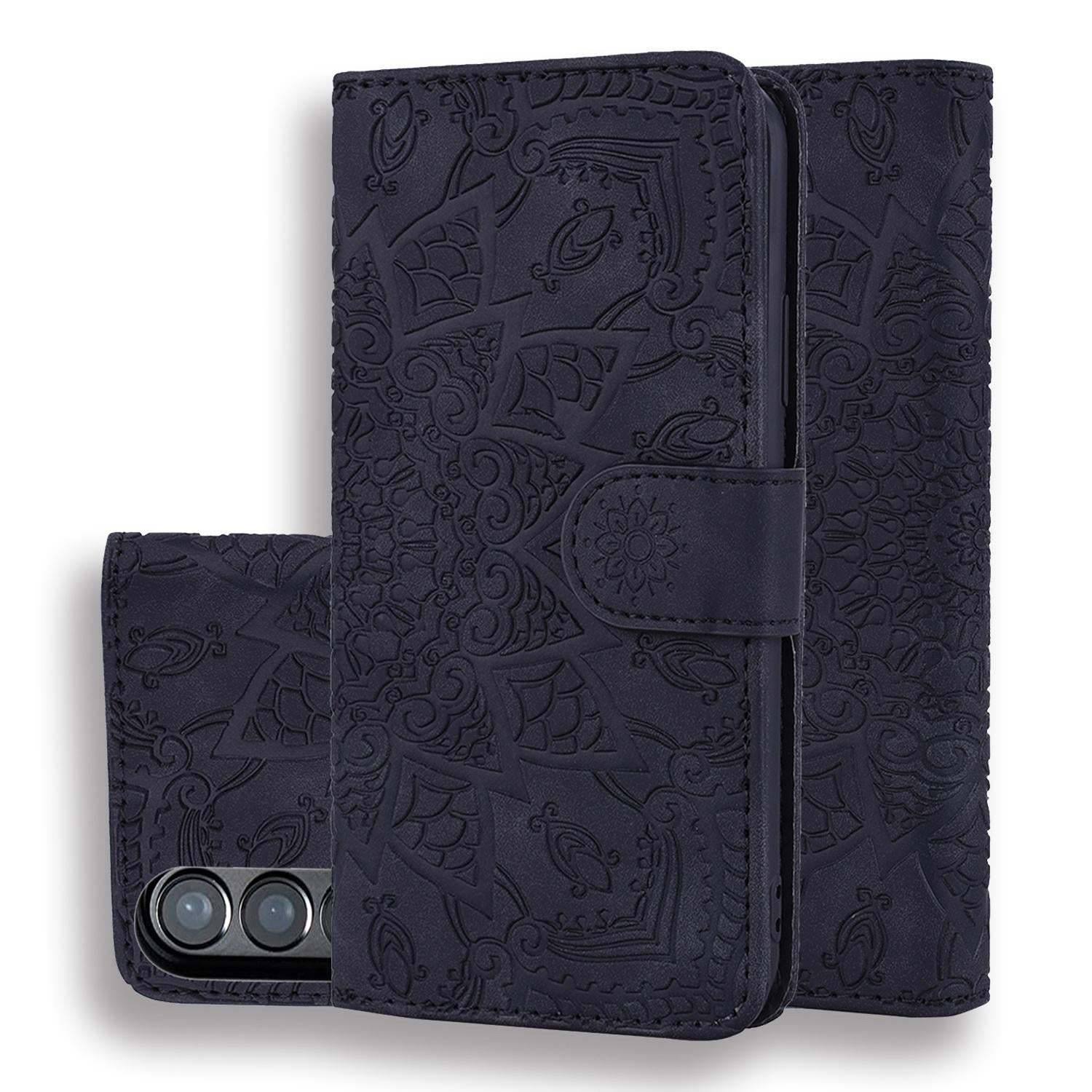 V562-B200457500ADE-202505291236-00 For Samsung Galaxy Z Fold4 5G Dual Fold Mandala Leather Case - Embossed Design - Black - Image 1