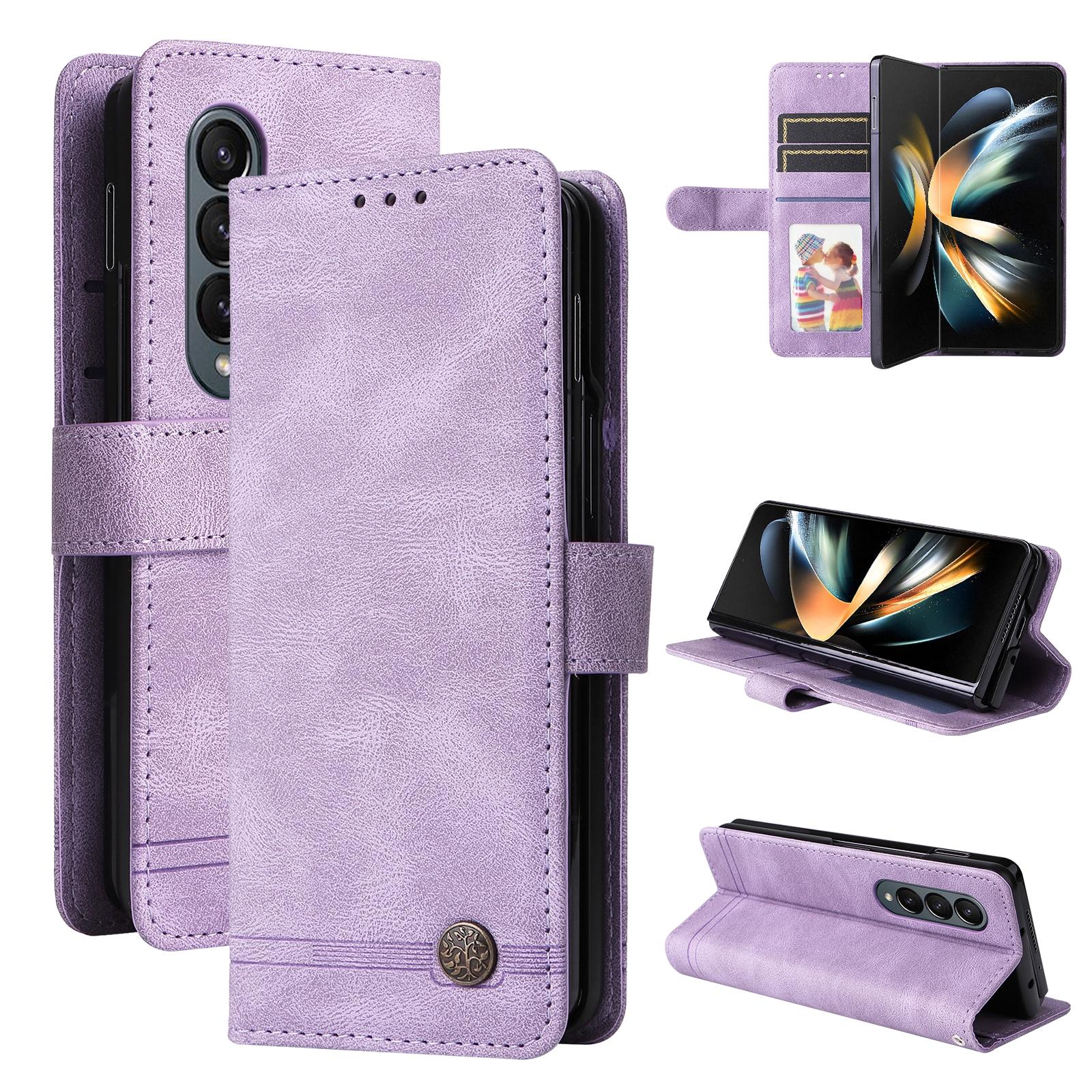 V562-B201373400ADE-202503211346-00 For Samsung Galaxy Z Fold4 5G Metal Button Leather Case - Tree Design - Purple - Image 1