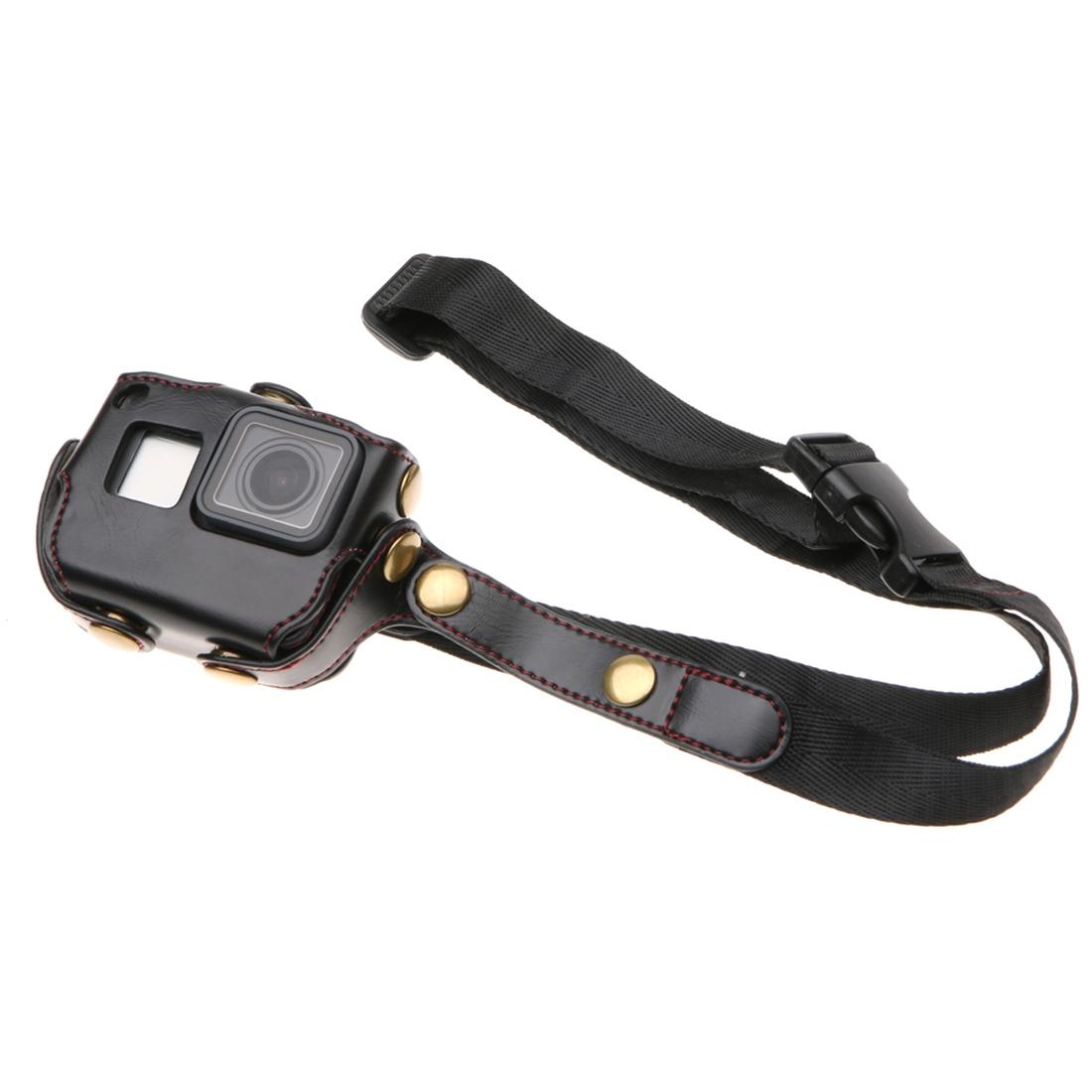 V562-B2042ACD-202502241405-00 Leather Housing Case with Neck Strap and Buttons for Gopro Hero7 / 6 / 5 - Black - Black - Image 1