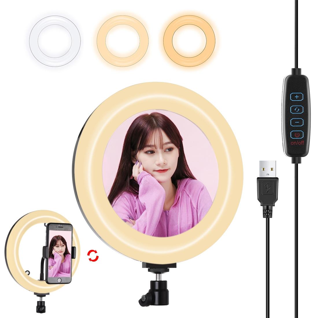 V562-B205UP-202502212120-00 7.9 Usb 3 Modes Dimmable Dual Colour Led Ring Light with Mirror for Vlogging and Photography - Black - Image 1