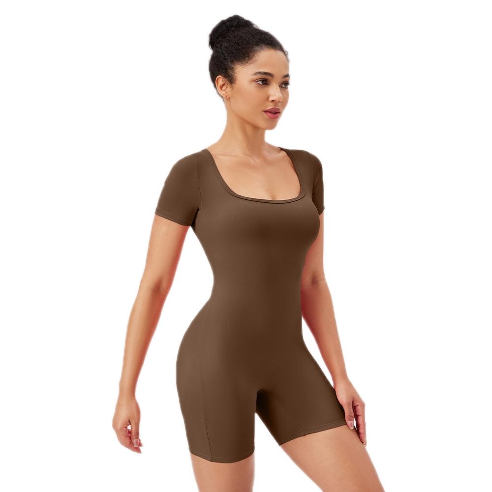V562-B3081705060DBT-202503262020-00 Quick Drying Women Square Neck Yoga Jumpsuit - Dark Brown - L - Image 1