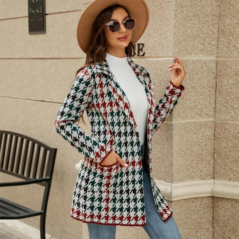 V562-B4025913060DBT-202505262025-00 Autumn And Winter Long Sweater Collision Colour Knitted Cardigan Trench Coat - Houndstooth - Xl - Image 1