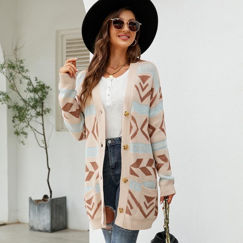 V562-B4065913060DBT-202505262017-00 Autumn And Winter Female Diamond Loose Knitted Cardigan Jacquard Medium-Length Sweater Jacket - Beige - Xl - Image 1