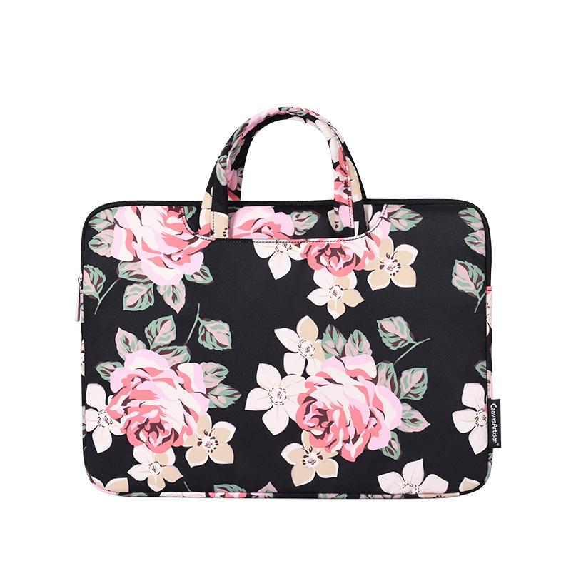 V562-B4071243060DBT-202502282235-00 15 Inch Laptop Case Bag with White Rose Pattern and Handle - Black - Image 1