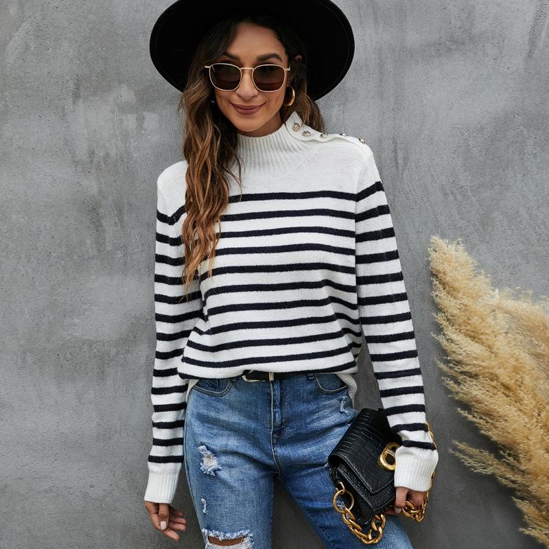 V562-B5023123060DBT-202505261941-00 Women Striped Knitwear Loose Stand-Up Collar Pullover Sweater - Black And White - Xl - Image 1